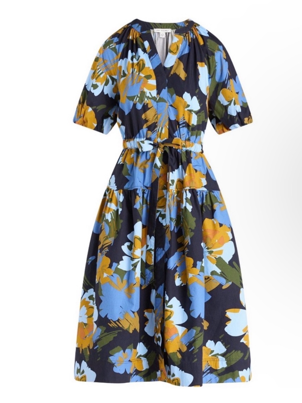100% Cotton Floral Tie-Waist Midi Dress in Navy & Blue With Tags